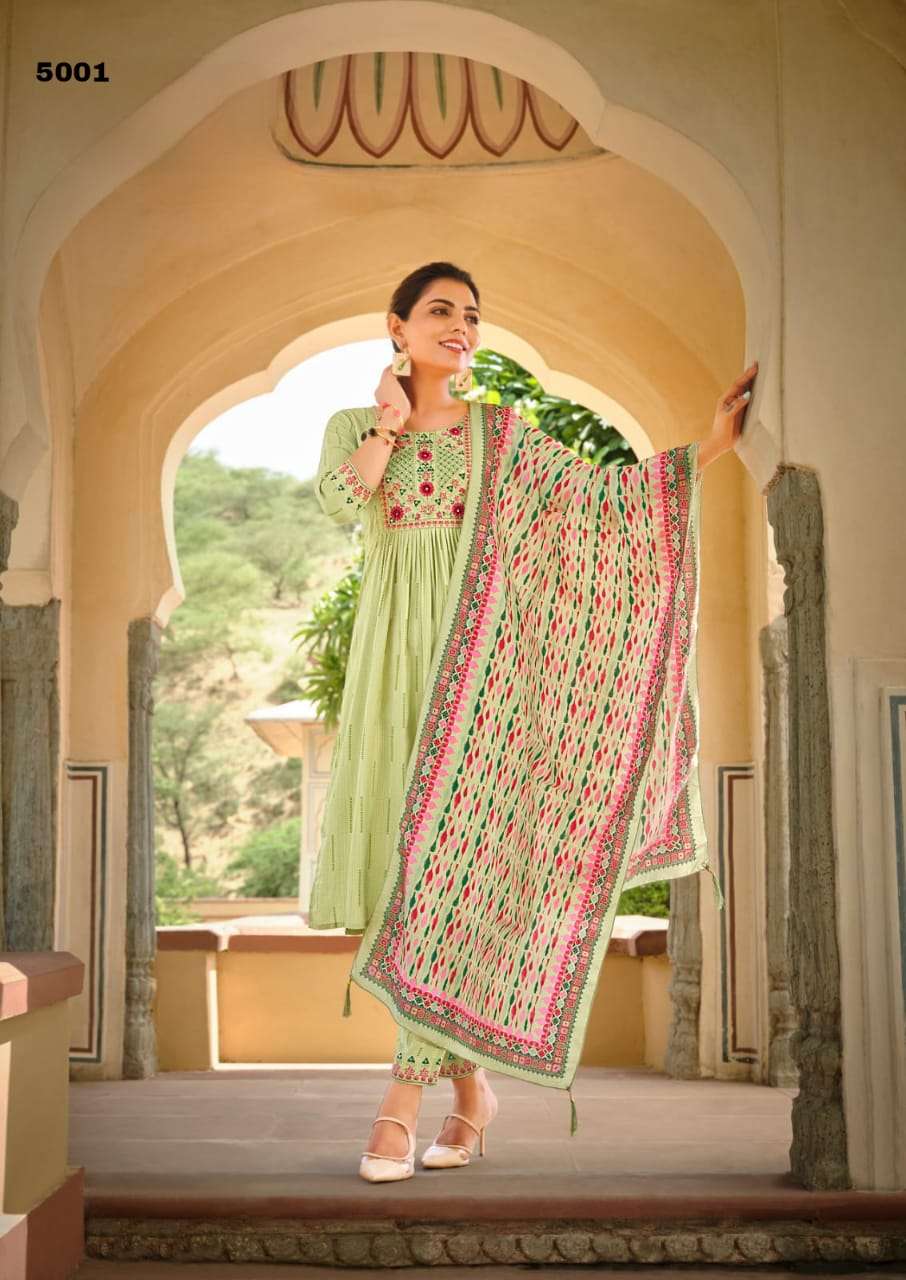 GULMAHOR VOL 2 PREMIUM LIVA TAG RAYON THREAD AND HANDWORK KURTI WITH PANT AND MUSLIN DIGITAL PRINT DUPATTA BY S3FOREVER BRAND 5001
